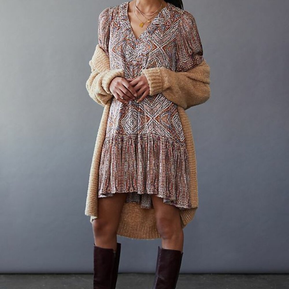 Anthropologie Paisley Long-Sleeve Dress in Brown and Cream